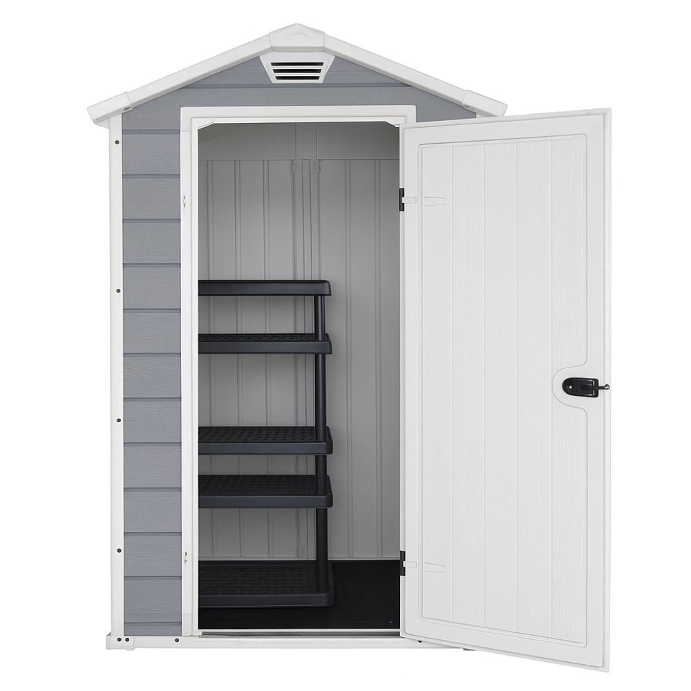 Kit Depósito Jardim Multiuso Área Externa 4x3 Manor Keter + Estante Plástica 5 Níveis