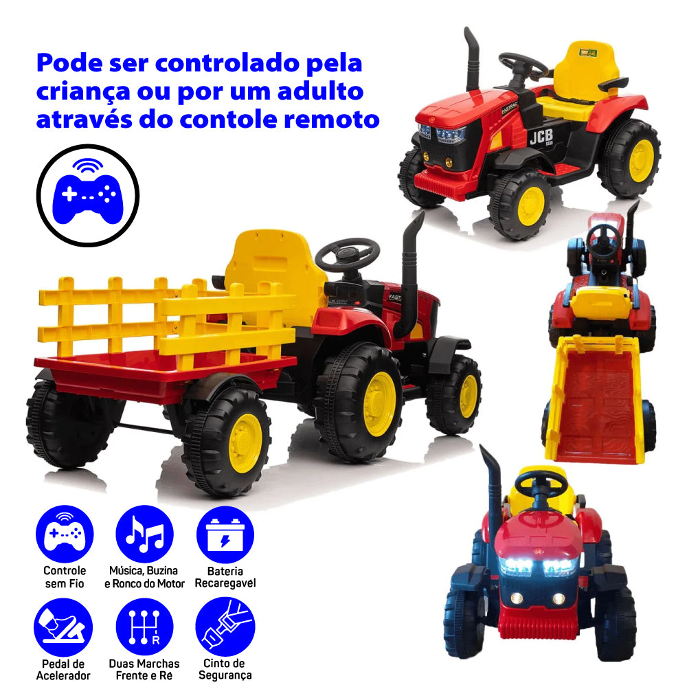 Trator Elétrico Infantil Vermelho Com Controle Remoto mais Carretinha Farol de Led Bivolt Zippy Toys