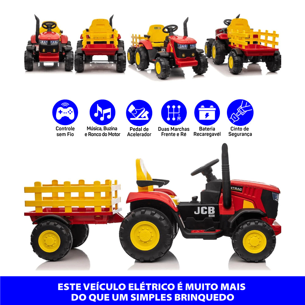 Trator Elétrico Infantil Vermelho Com Controle Remoto mais Carretinha Farol de Led Bivolt Zippy Toys