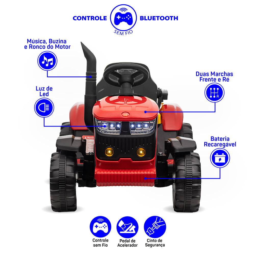 Trator Elétrico Infantil Vermelho Com Controle Remoto mais Carretinha Farol de Led Bivolt Zippy Toys