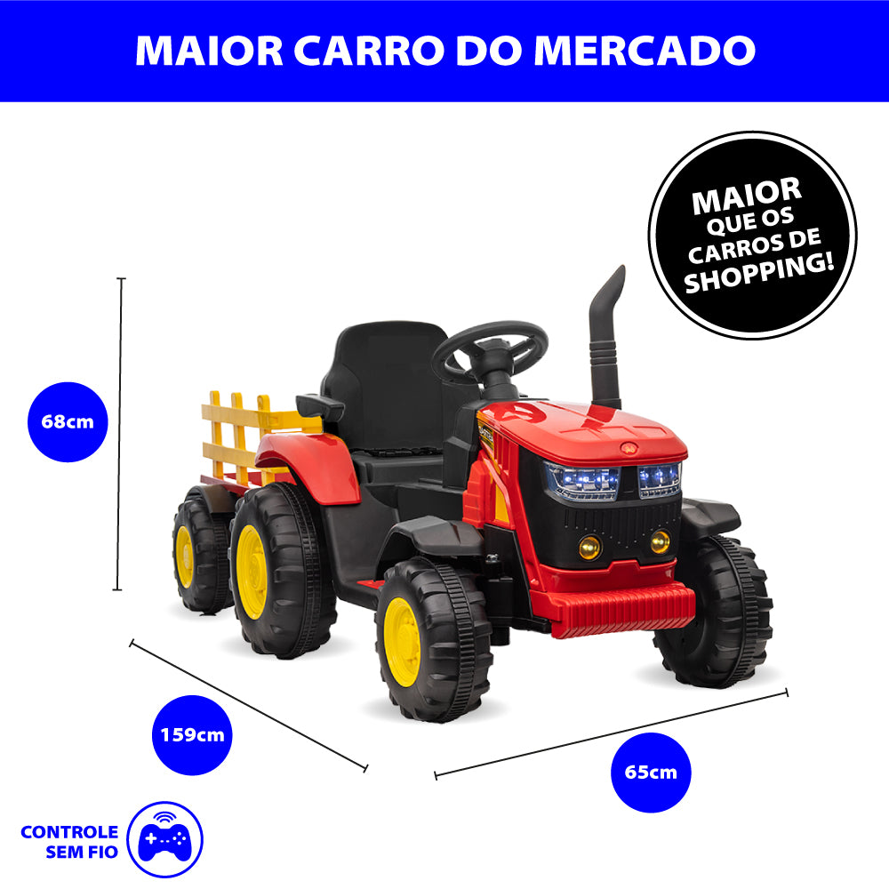 Trator Elétrico Infantil Vermelho Com Controle Remoto mais Carretinha Farol de Led Bivolt Zippy Toys
