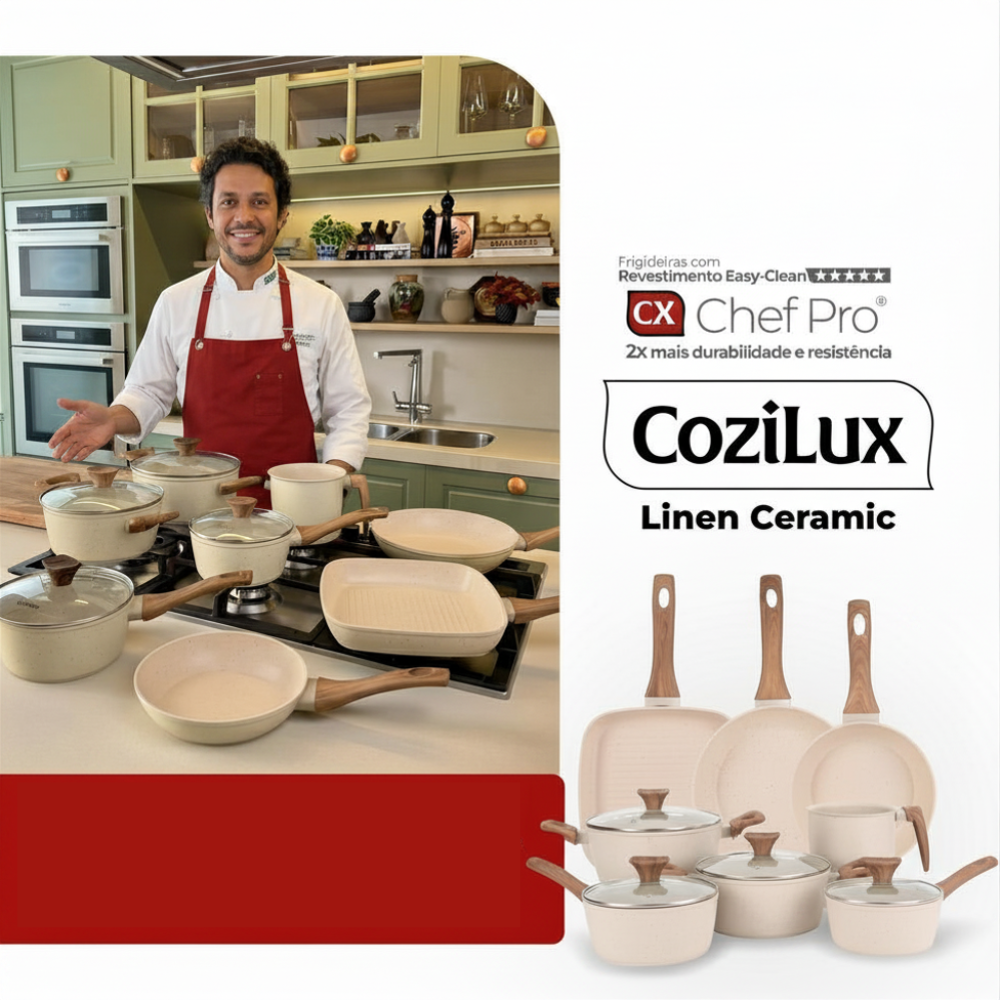 Jogo de Panelas Revestimento Cerâmico Antiaderente 8 Peças Indução Cozilux Linen Ceramic