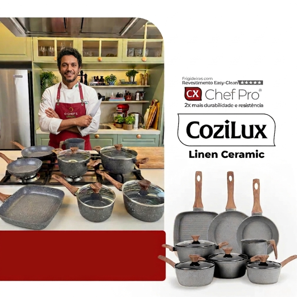 Jogo de Panelas Revestimento Cerâmico Antiaderente 8 Peças Indução Cozilux Linen Ceramic