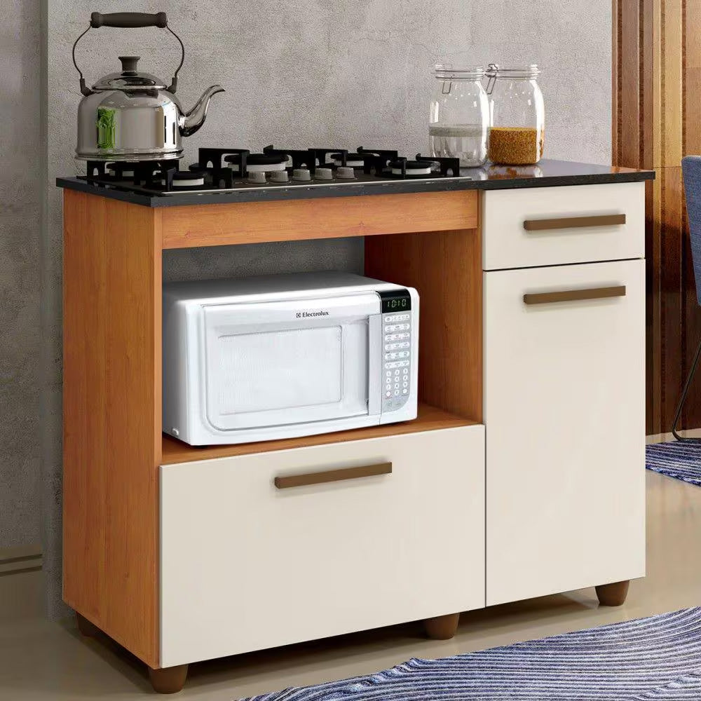 Kit Balcão Para Cooktop Cozinha Kaiki Violeta Nature/Off White com Fogão Cooktop 5 Bocas Itatiaia Essencial Preto